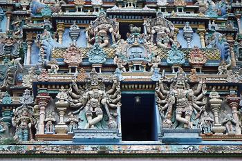 Brightly painted plaster figures in Minakshi-Sundareshvara temple — Madurai. Photo by Sandra Hicks